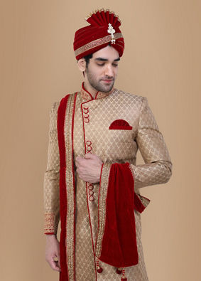 alt message - Manyavar Men Traditional Beige Sherwani Suit image number 0